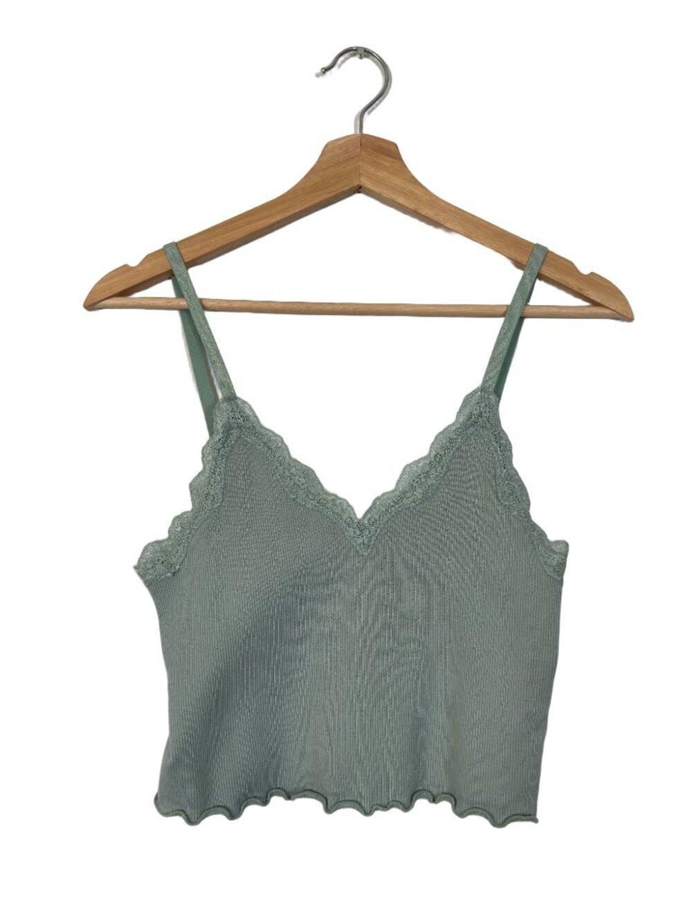 Y2K Women's Lace Trim Crop Cami Size M Sage Green Layering Casual Retro Feminine